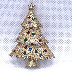 Holiday Christmas Tree Brooch Pin Signed Eisenberg Ice Gold-Tone Rhinestones VTG